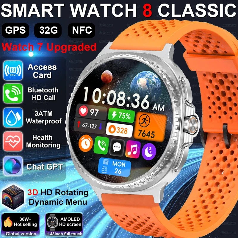 HOT Watch 8 Ŭ  Ʈġ HD AMOLED ũ NFC GPS ɹڼ  ȭ 1.43ġ Ʈġ 2025 ǰ 